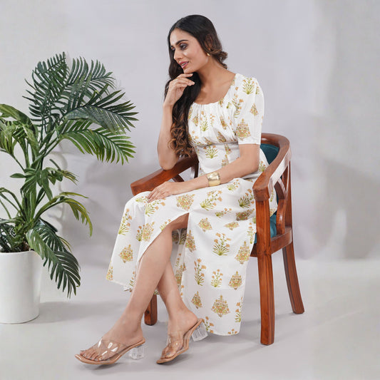 White Floral Print Square Neck Midi Dress with Side Slit