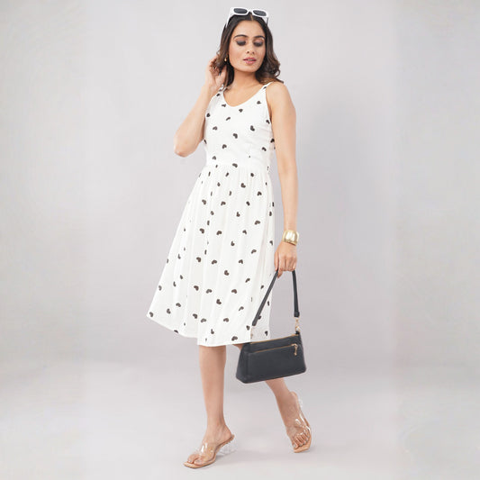 Women’s White Heart Print Sleeveless A-Line Dress