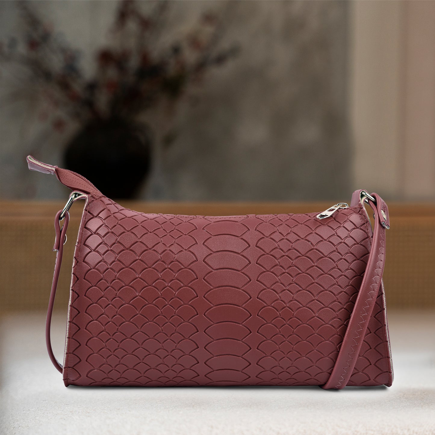 Red Textured Laux Leather Crossbody Bag