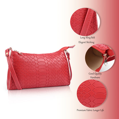 Red Textured Faux Leather Crossbody Bag