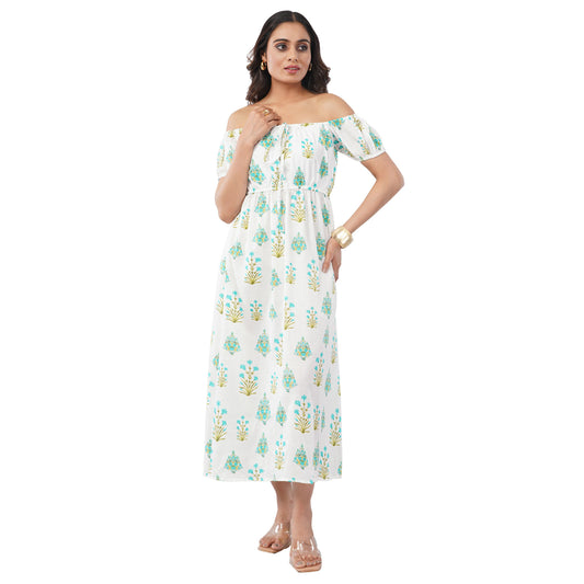 Women’s White Floral Print Off-Shoulder Midi Dress