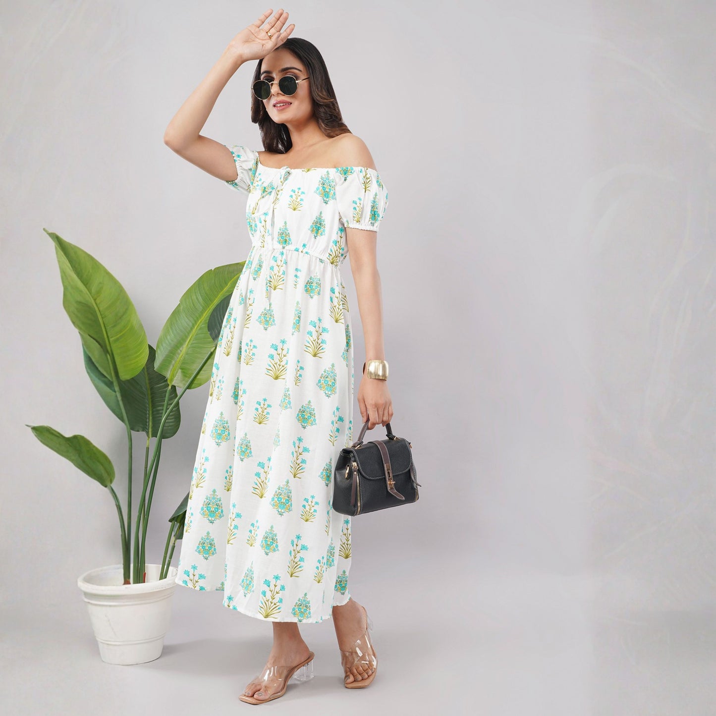 Women’s White Floral Print Off-Shoulder Midi Dress