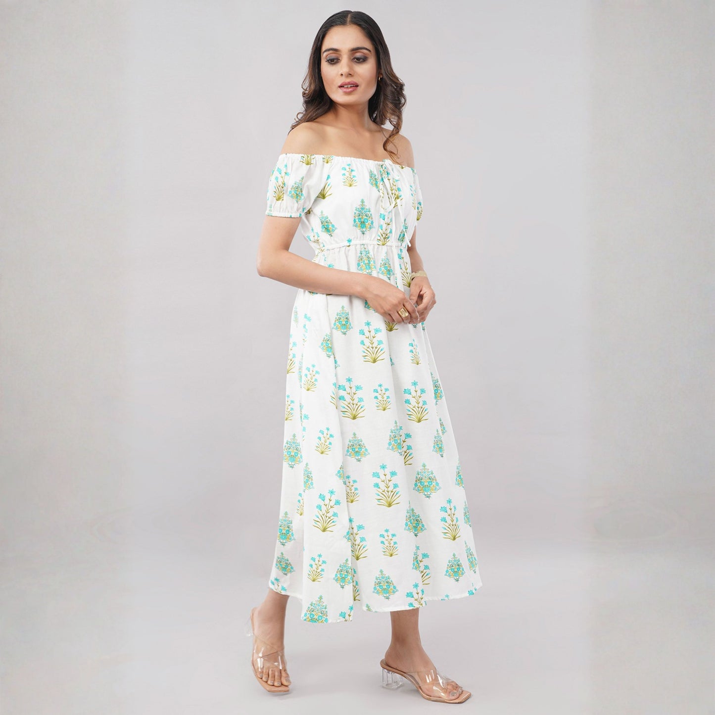 Women’s White Floral Print Off-Shoulder Midi Dress