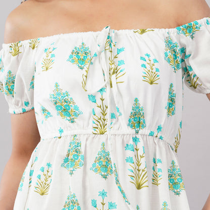 Women’s White Floral Print Off-Shoulder Midi Dress