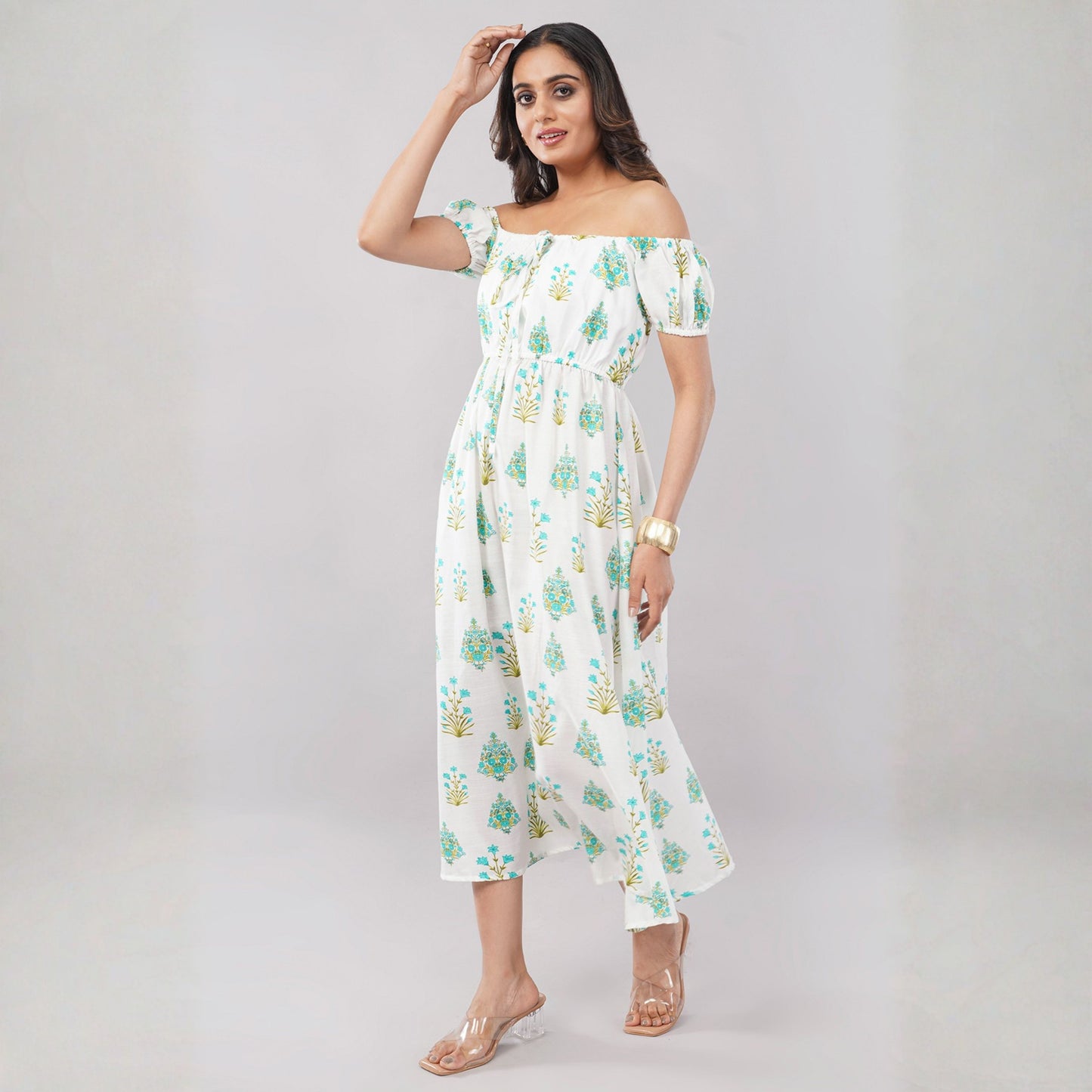 Women’s White Floral Print Off-Shoulder Midi Dress