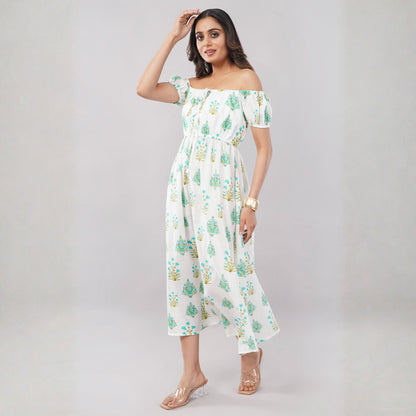 Women’s White Floral Print Off-Shoulder Midi Dress
