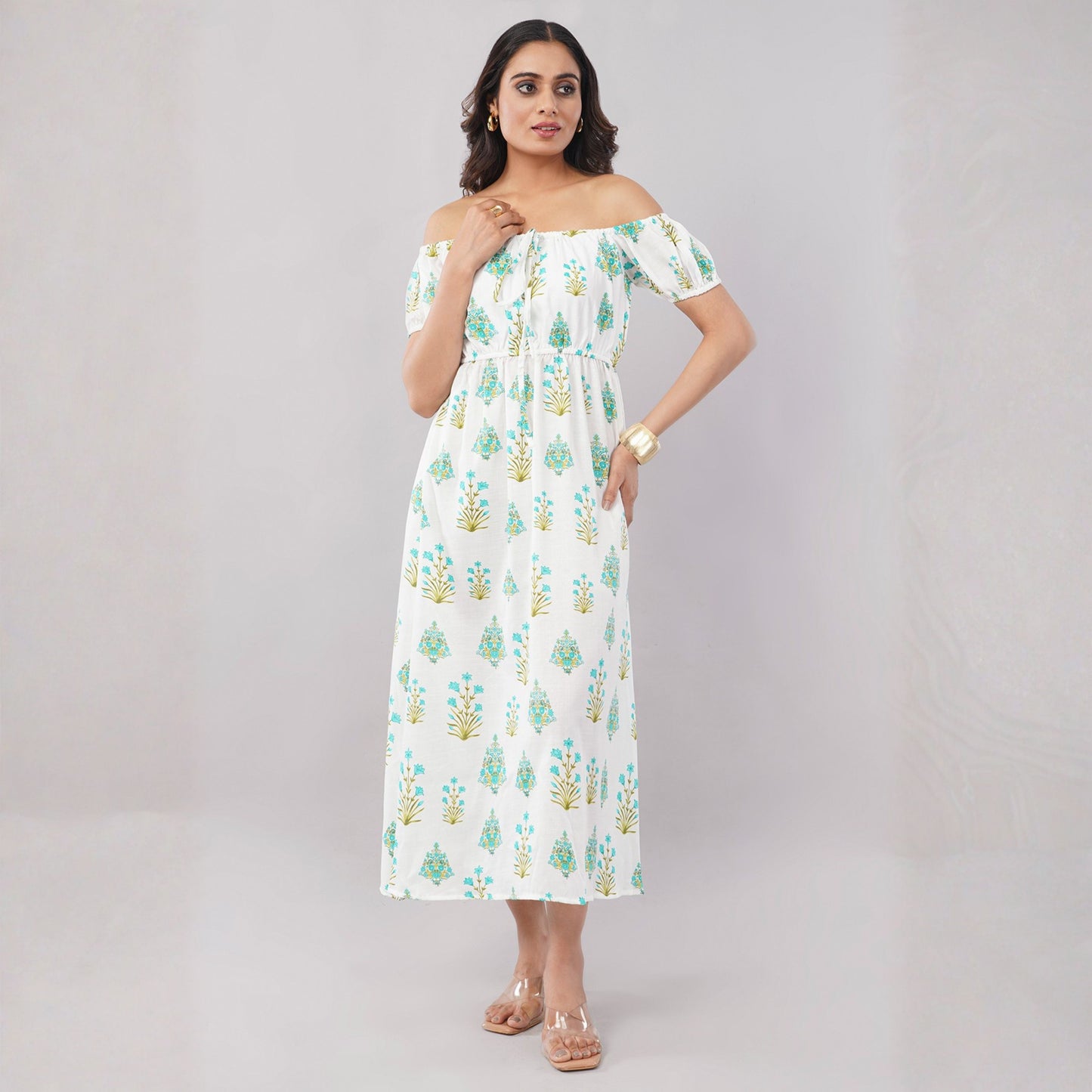 Women’s White Floral Print Off-Shoulder Midi Dress