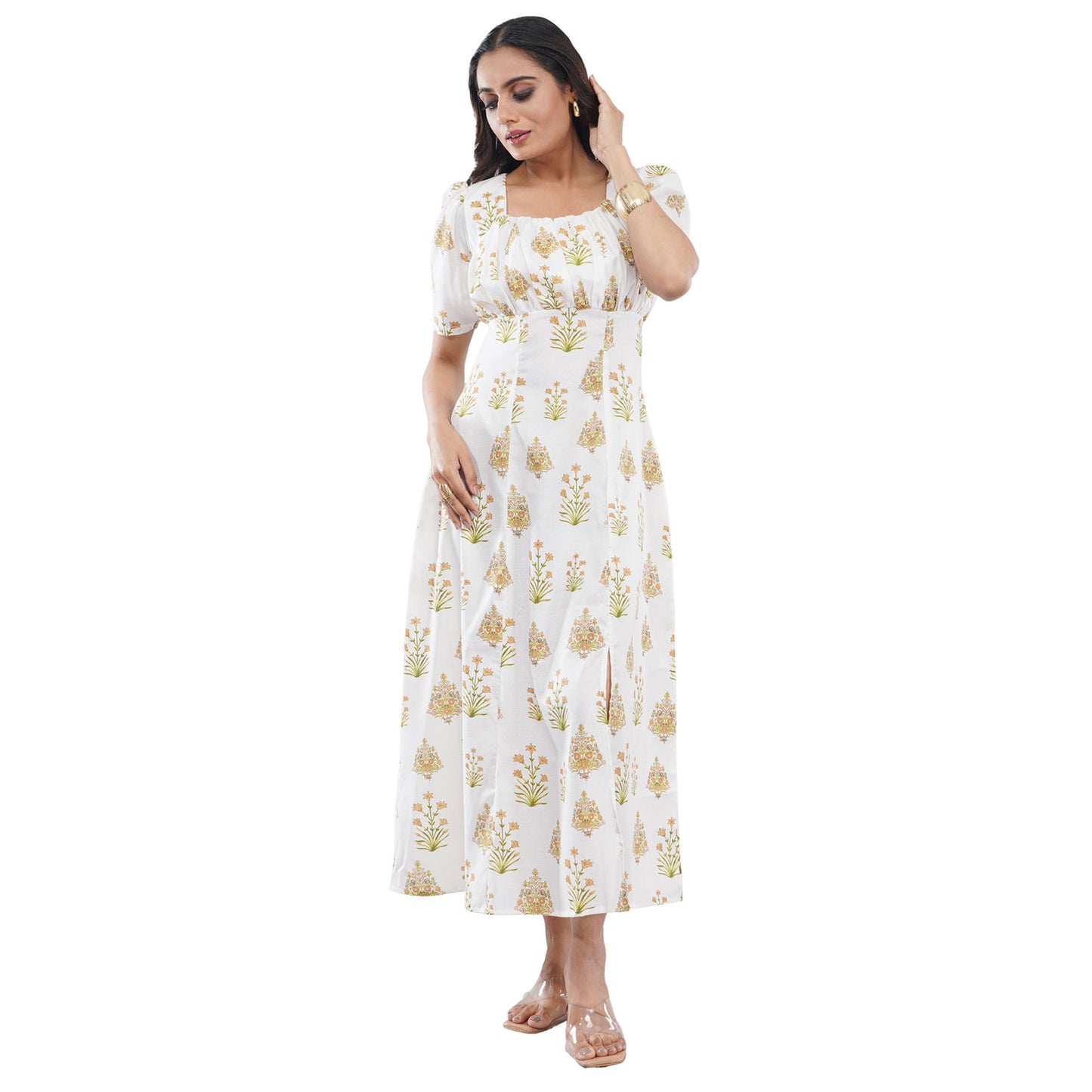White Floral Print Square Neck Midi Dress with Side Slit