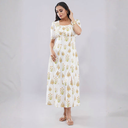 White Floral Print Square Neck Midi Dress with Side Slit