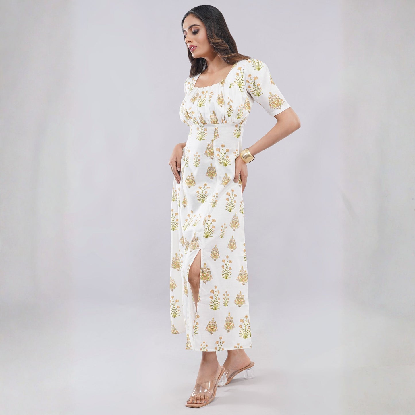 White Floral Print Square Neck Midi Dress with Side Slit