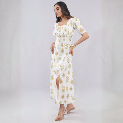 White Floral Print Square Neck Midi Dress with Side Slit