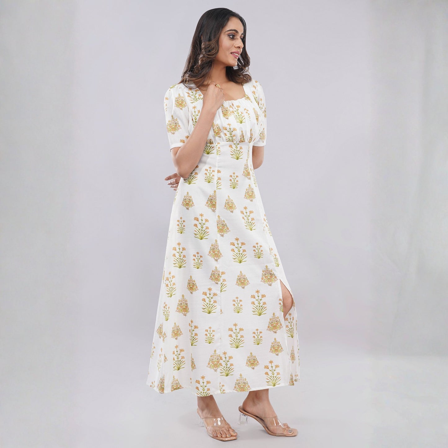 White Floral Print Square Neck Midi Dress with Side Slit