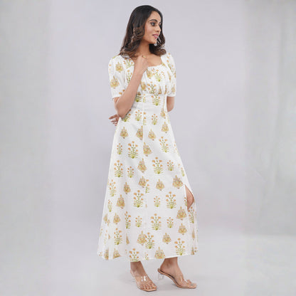 White Floral Print Square Neck Midi Dress with Side Slit