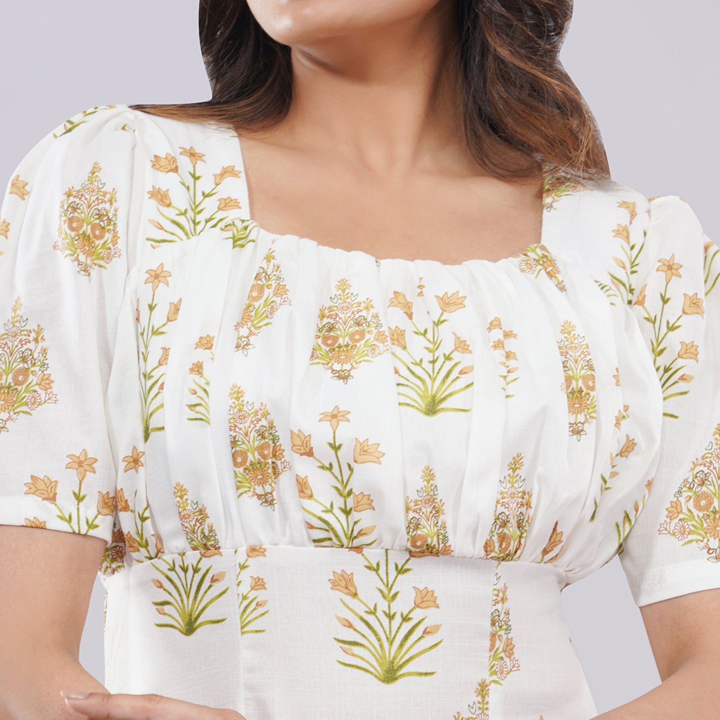 White Floral Print Square Neck Midi Dress with Side Slit