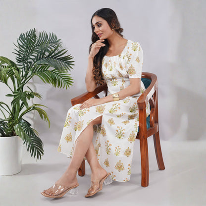 White Floral Print Square Neck Midi Dress with Side Slit