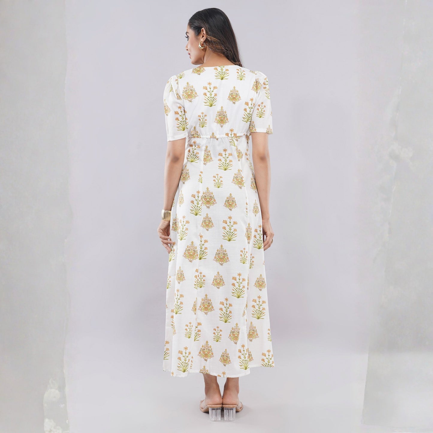 White Floral Print Square Neck Midi Dress with Side Slit