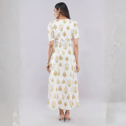 White Floral Print Square Neck Midi Dress with Side Slit