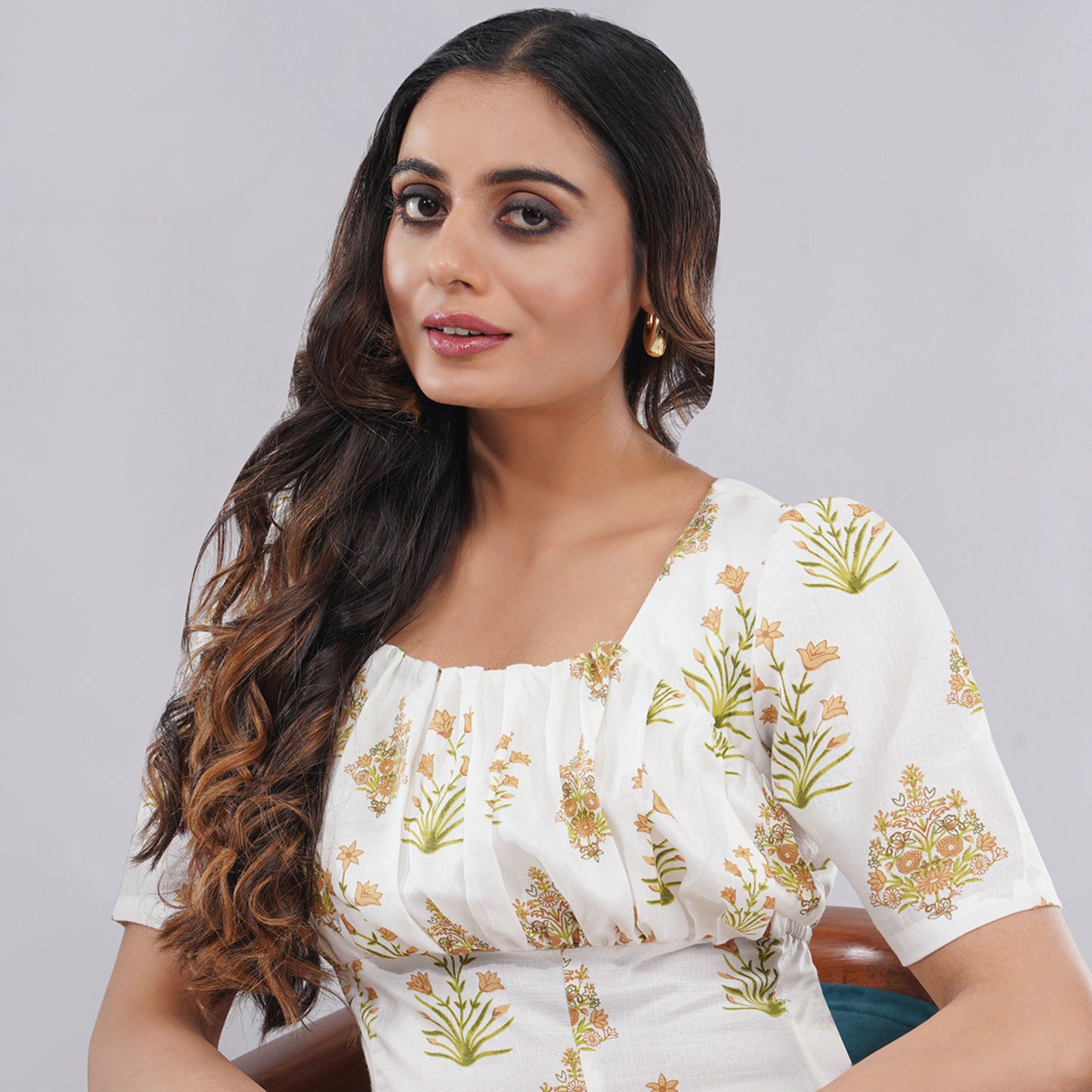 White Floral Print Square Neck Midi Dress with Side Slit