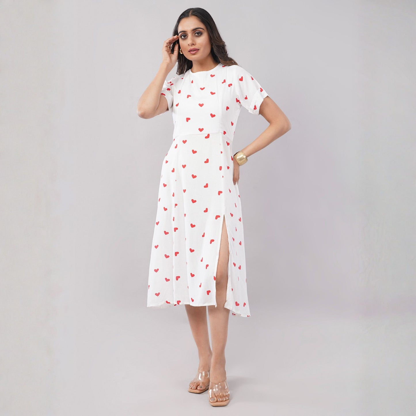 Women’s White Heart Print Sleeveless A-Line Dress