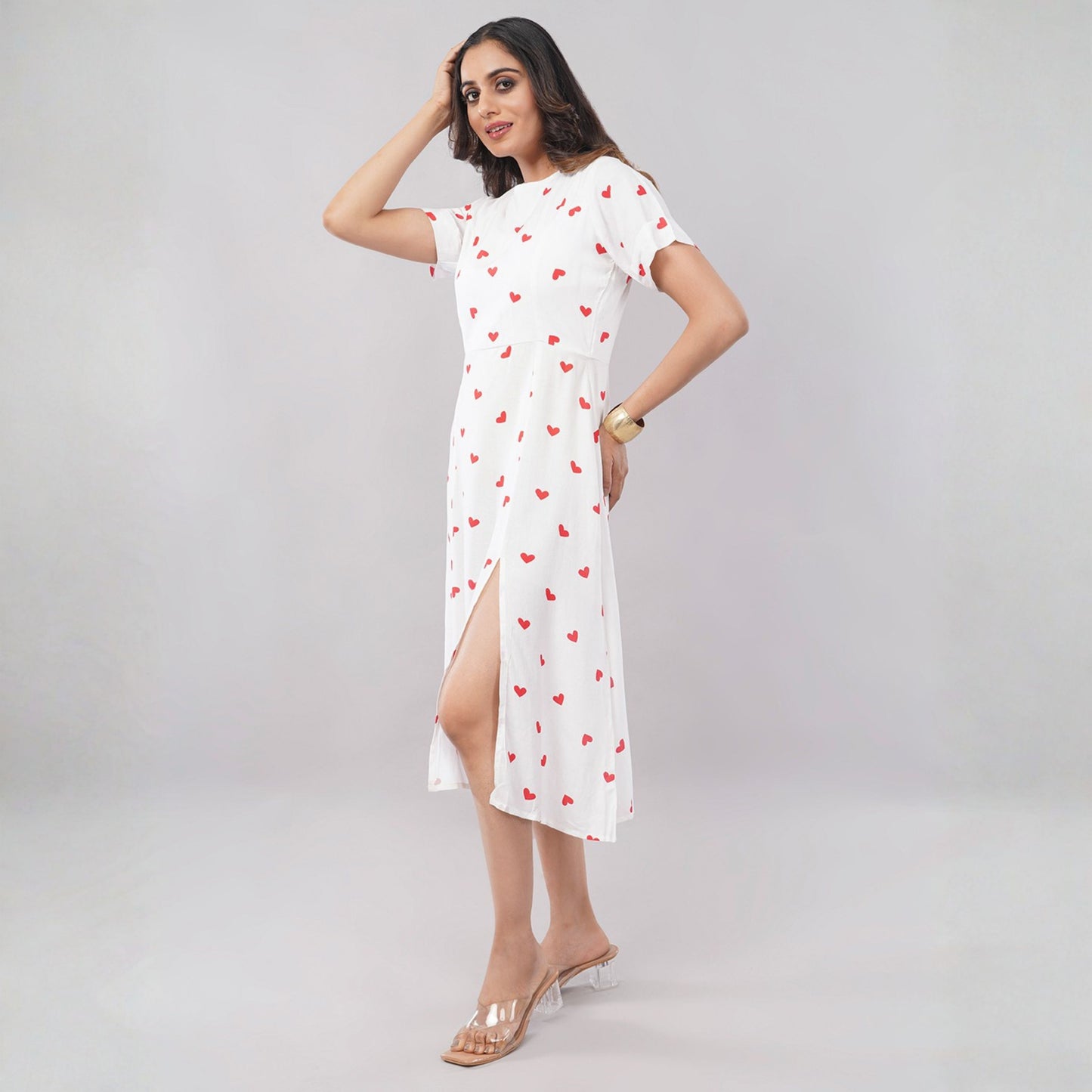 Women’s White Heart Print Sleeveless A-Line Dress