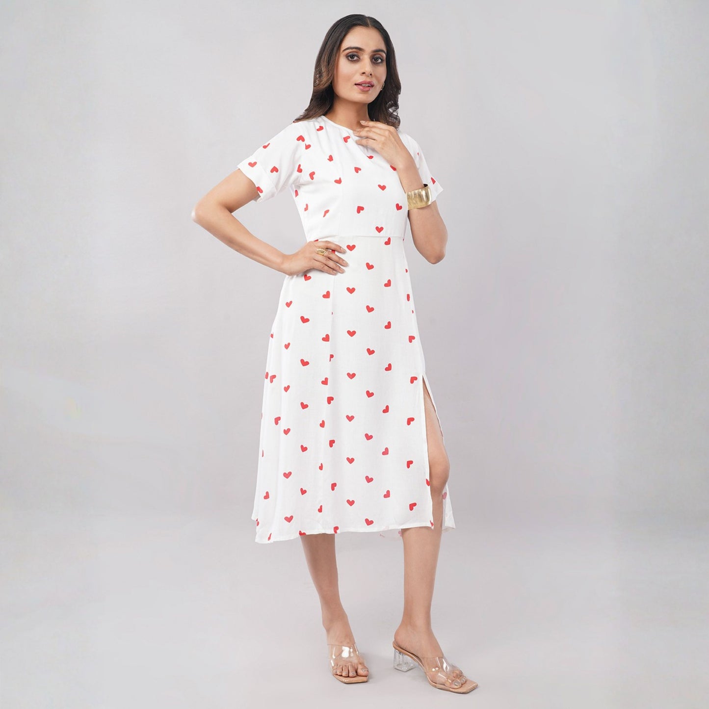 Women’s White Heart Print Sleeveless A-Line Dress