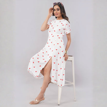 Women’s White Heart Print Sleeveless A-Line Dress