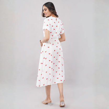 Women’s White Heart Print Sleeveless A-Line Dress