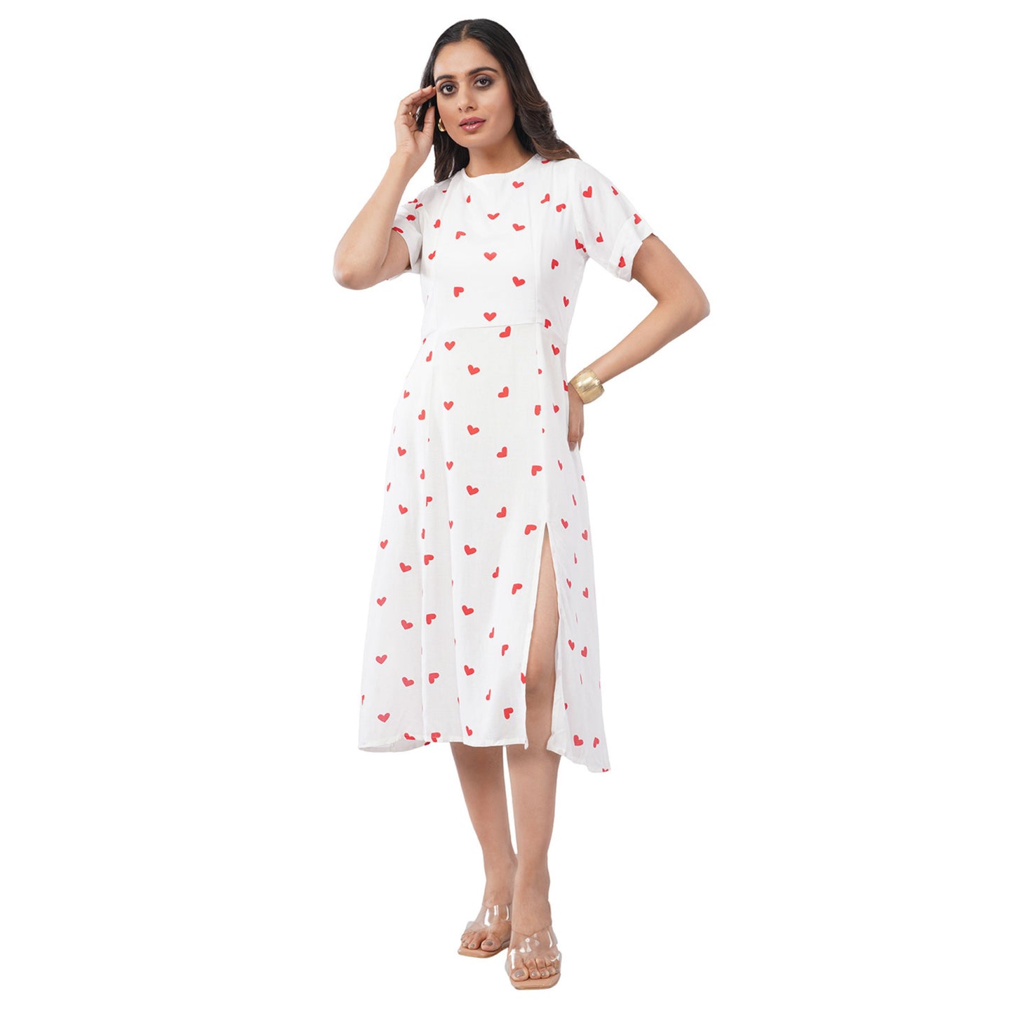 Women’s White Heart Print Sleeveless A-Line Dress
