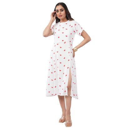 Women’s White Heart Print Sleeveless A-Line Dress