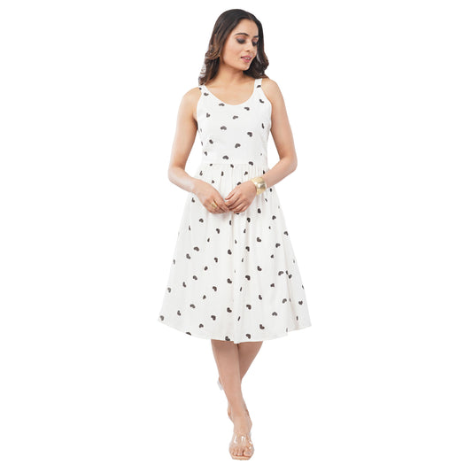 Women’s White Heart Print Sleeveless A-Line Dress