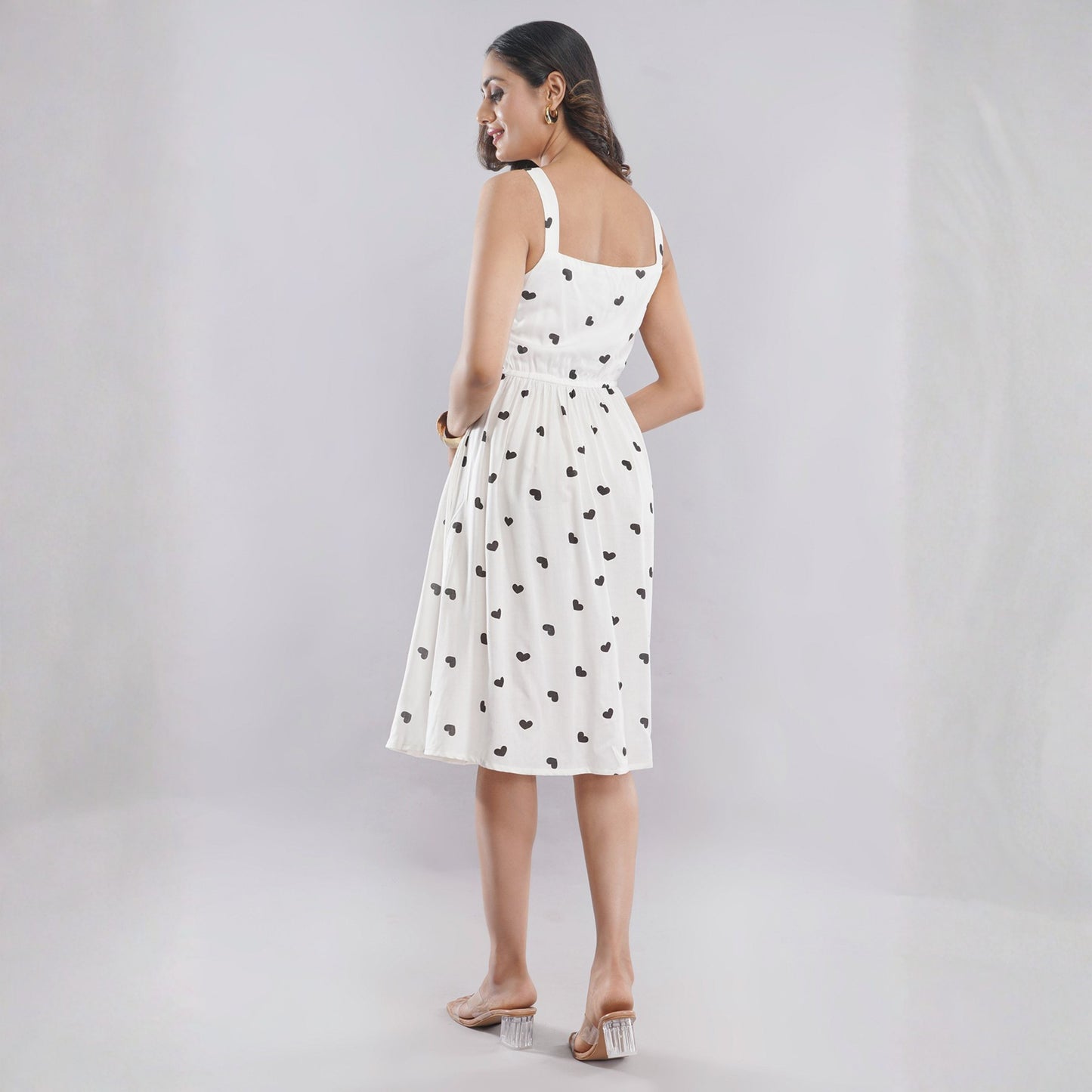 Women’s White Heart Print Sleeveless A-Line Dress