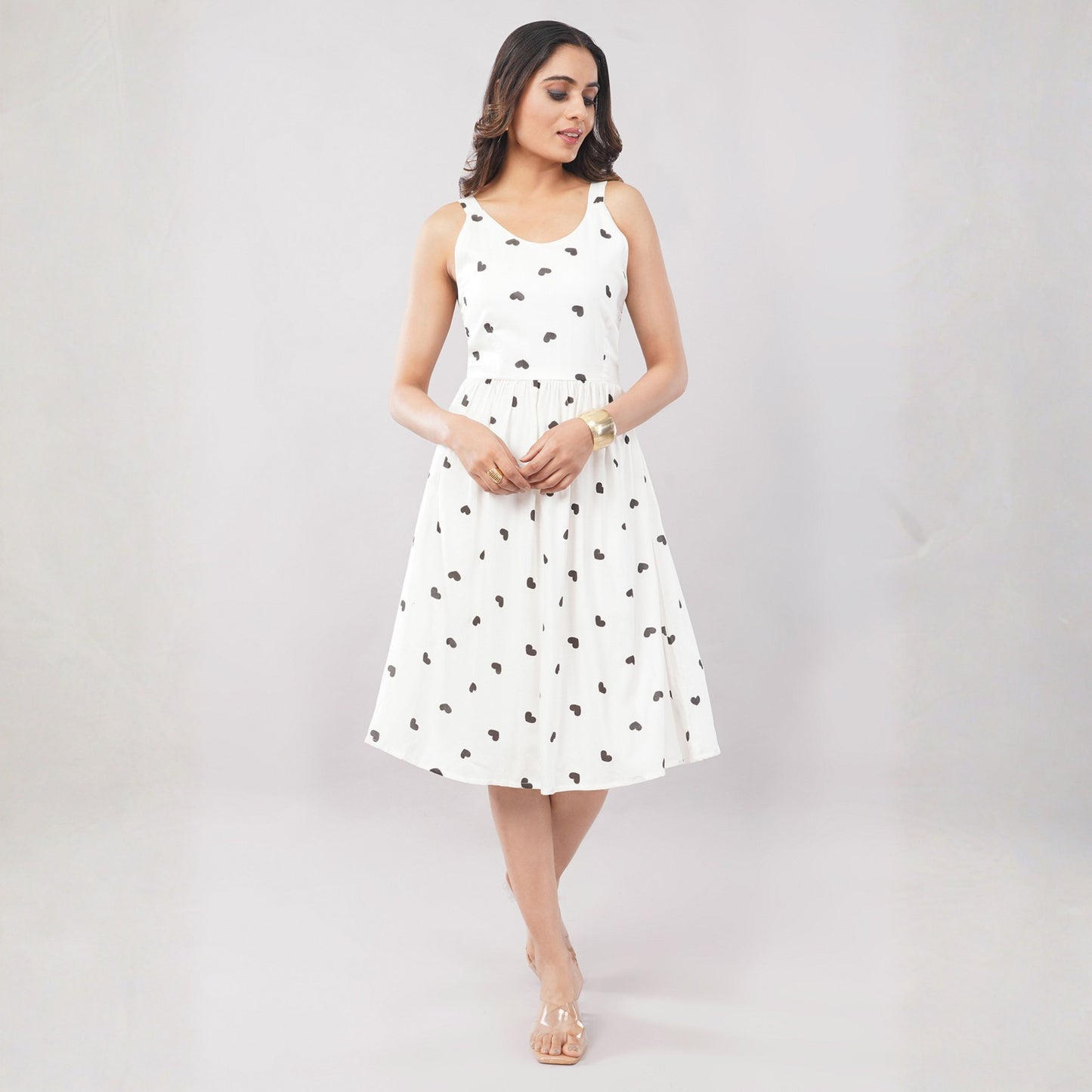 Women’s White Heart Print Sleeveless A-Line Dress