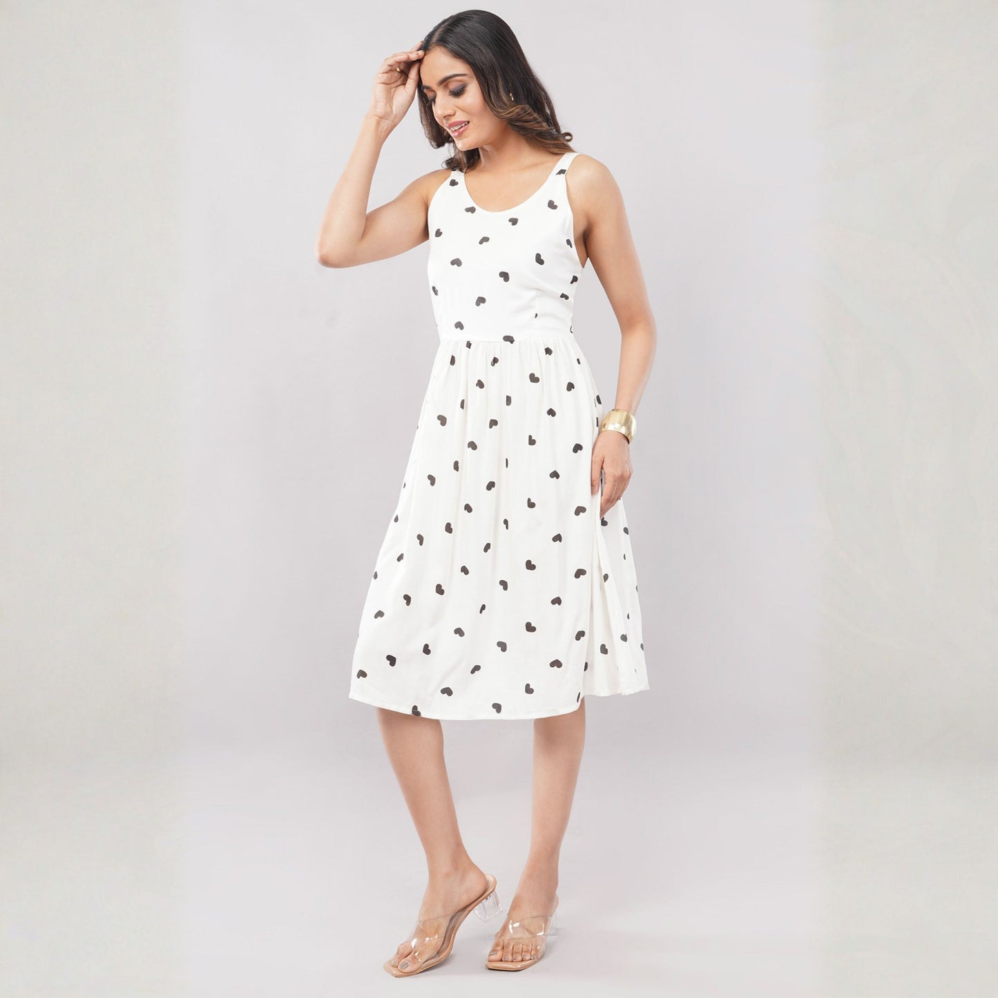Women’s White Heart Print Sleeveless A-Line Dress