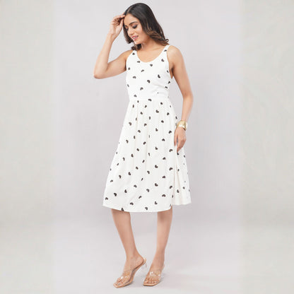 Women’s White Heart Print Sleeveless A-Line Dress