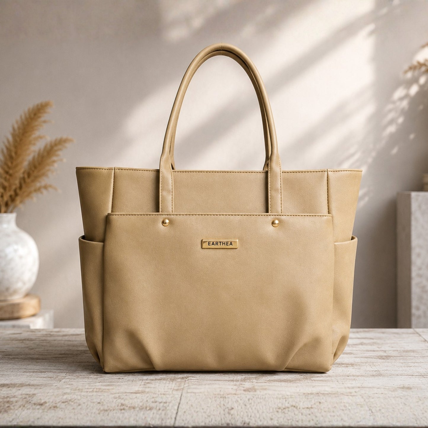Beige Structured Tote Bag with Tasselled