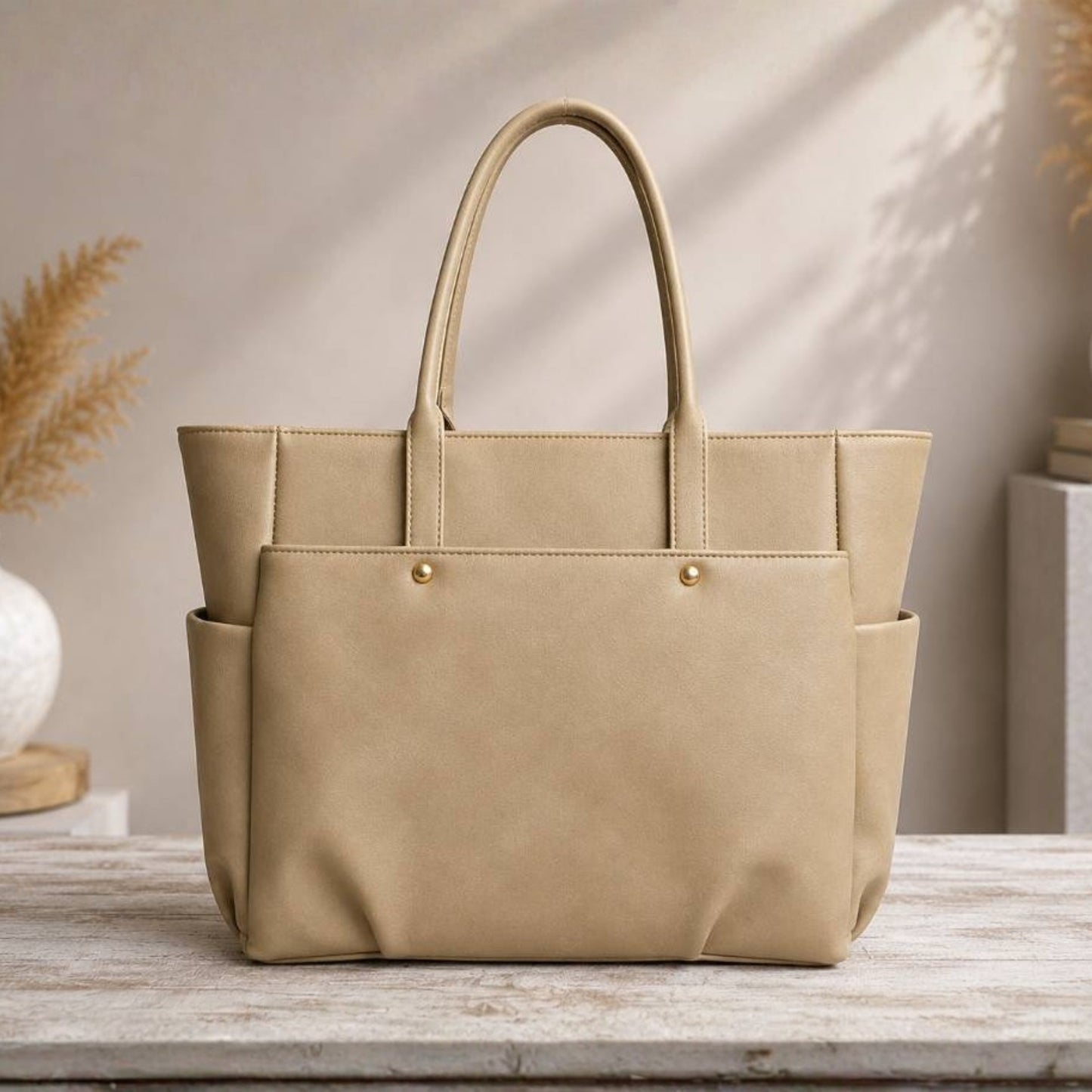 Beige Structured Tote Bag with Tasselled