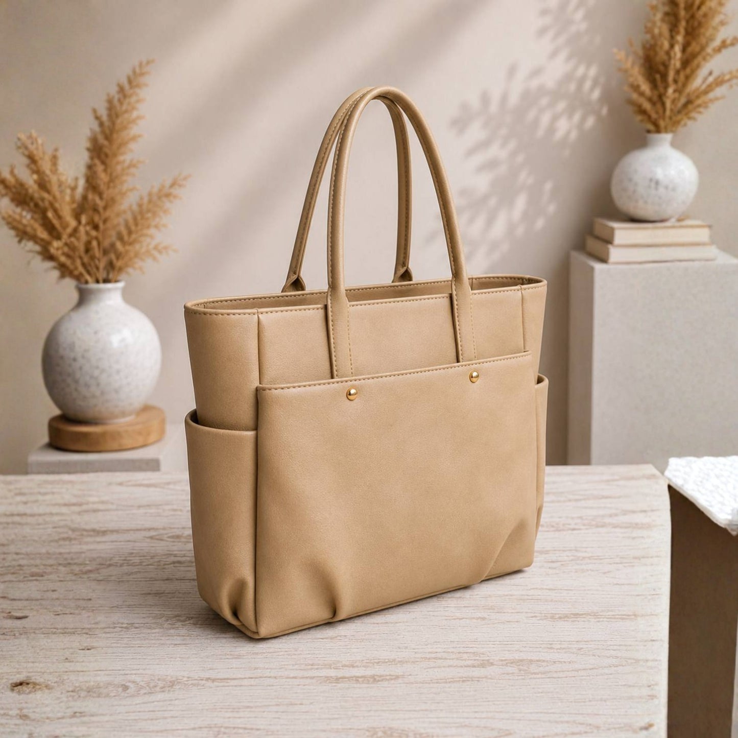 Beige Structured Tote Bag with Tasselled