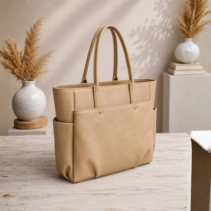 Beige Structured Tote Bag with Tasselled