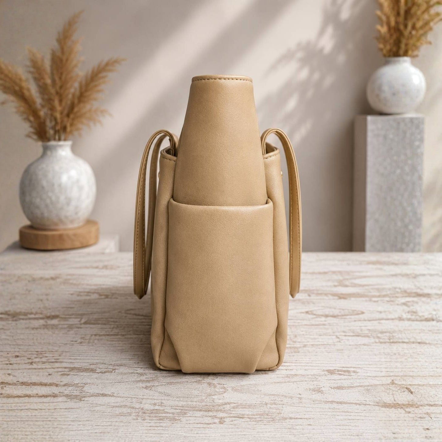 Beige Structured Tote Bag with Tasselled
