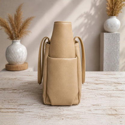 Beige Structured Tote Bag with Tasselled