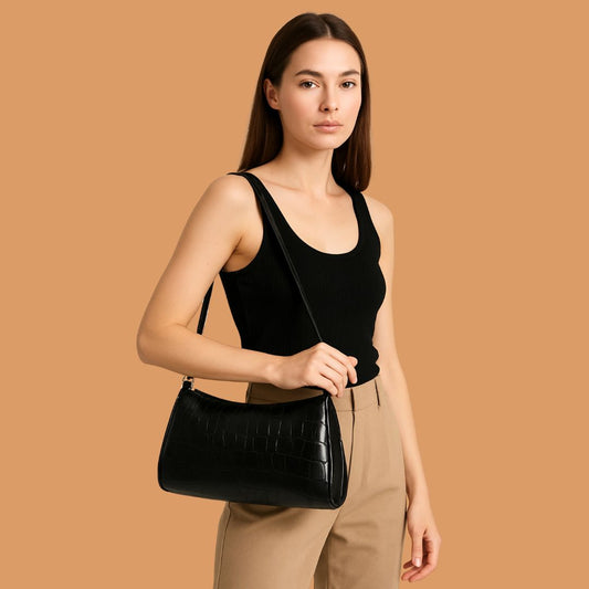 Black Textured Faux Leather Crossbody Bag
